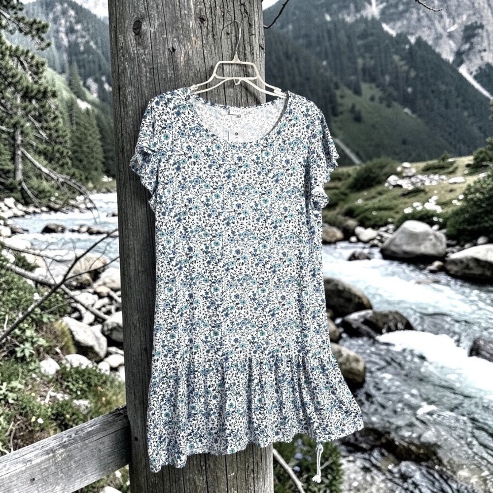 C'est La Vie Womens Large Blue Floral Ruffle Hem Flutter Sleeve Dress‎ DS5608M
